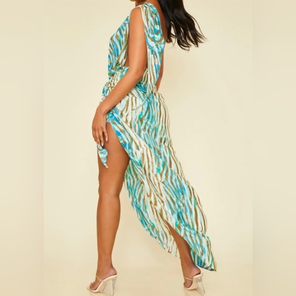 Zebra Print Blue Multicolor One Shoulder Statement Wrap Fashion Dress - Picture 5 of 13